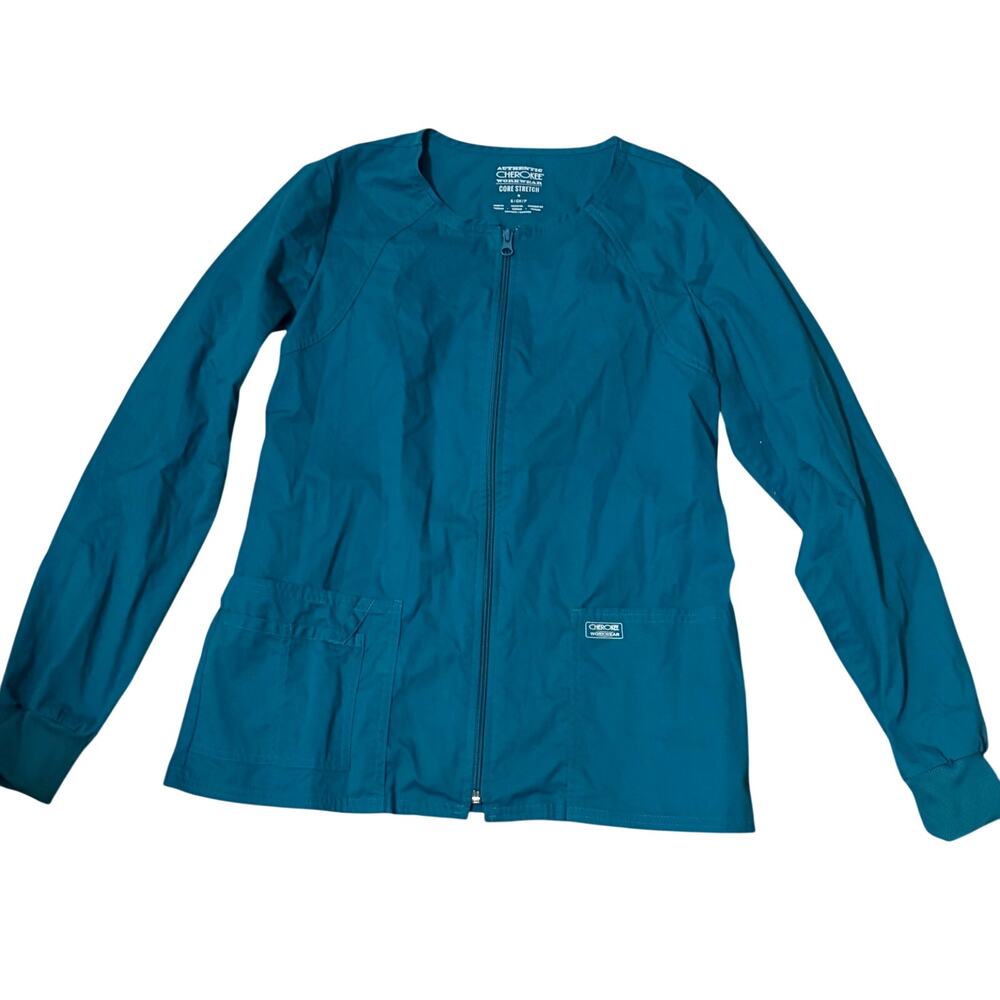 Cherokee nurse stretch long sleeve teal scrub zip up top jacket teal sz S